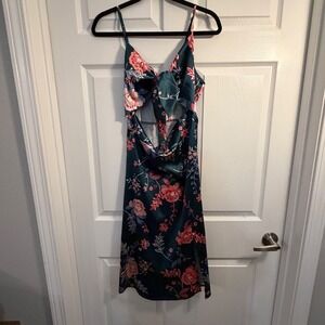 Floral Satin Midi Dress with Cutout Detail - Green/Pink